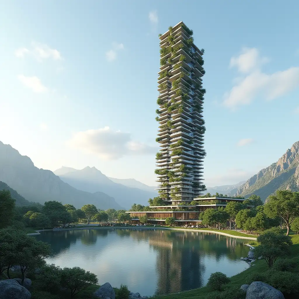 create a big residential building skyscraper in a 2.8 Ha flat valley near the lake, with some entertainment