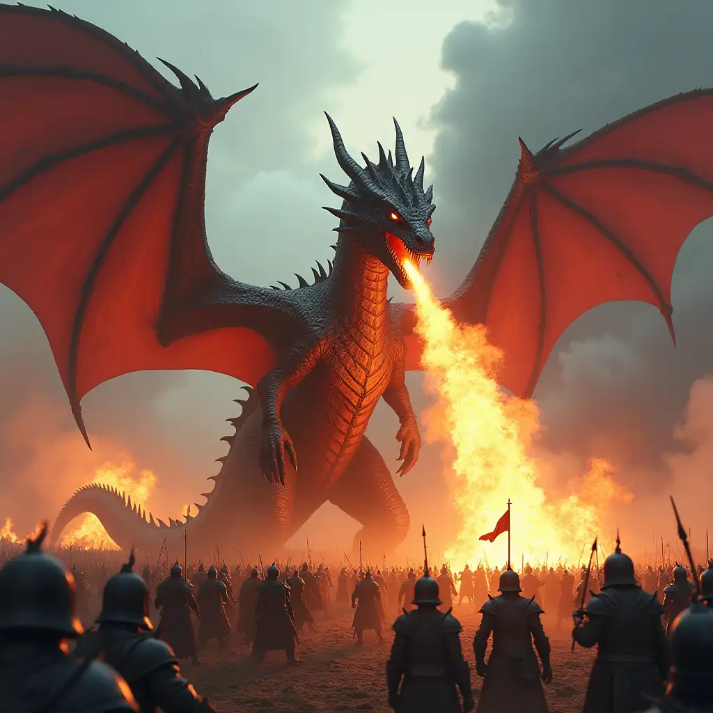 A massive, ferocious dragon with dark red and bronze scales, spreading its wings while breathing fire over a battlefield. The scene is chaotic, with soldiers in medieval armor fighting in the foreground, flames engulfing their surroundings. The sky is cloudy and filled with smoke, creating a dramatic and apocalyptic atmosphere. The dragon's pose is dynamic, exuding power and menace, with intense lighting from the fire reflecting on its scales and the ground.