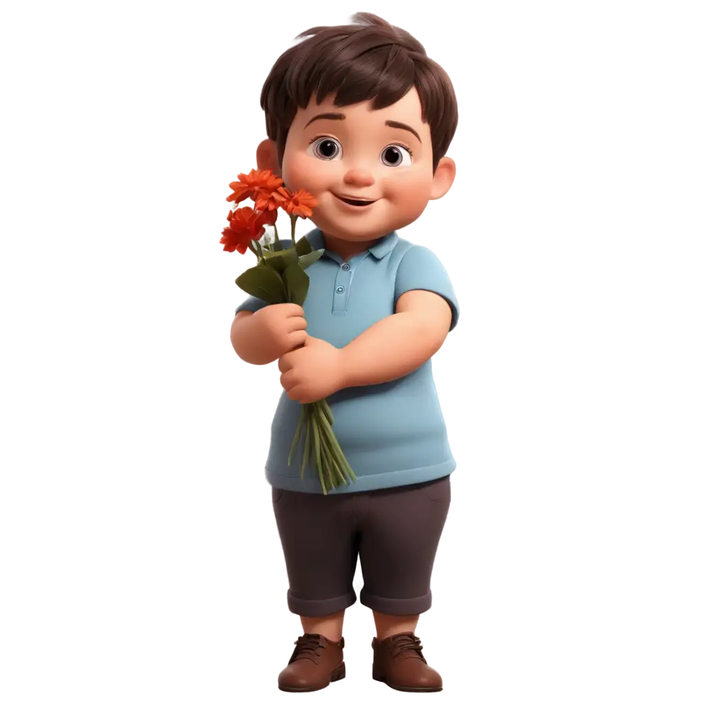 small 2 year animated chubby face kid with short hairs and flowers in hand