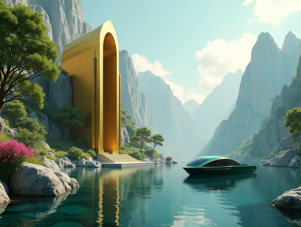 Create a high-resolution realistic image in 4k resolution of a futuristic gold building with black, curved columns, mountains with large trees, rocks, flowers, a futuristic green boat with glass window and cloudy sky