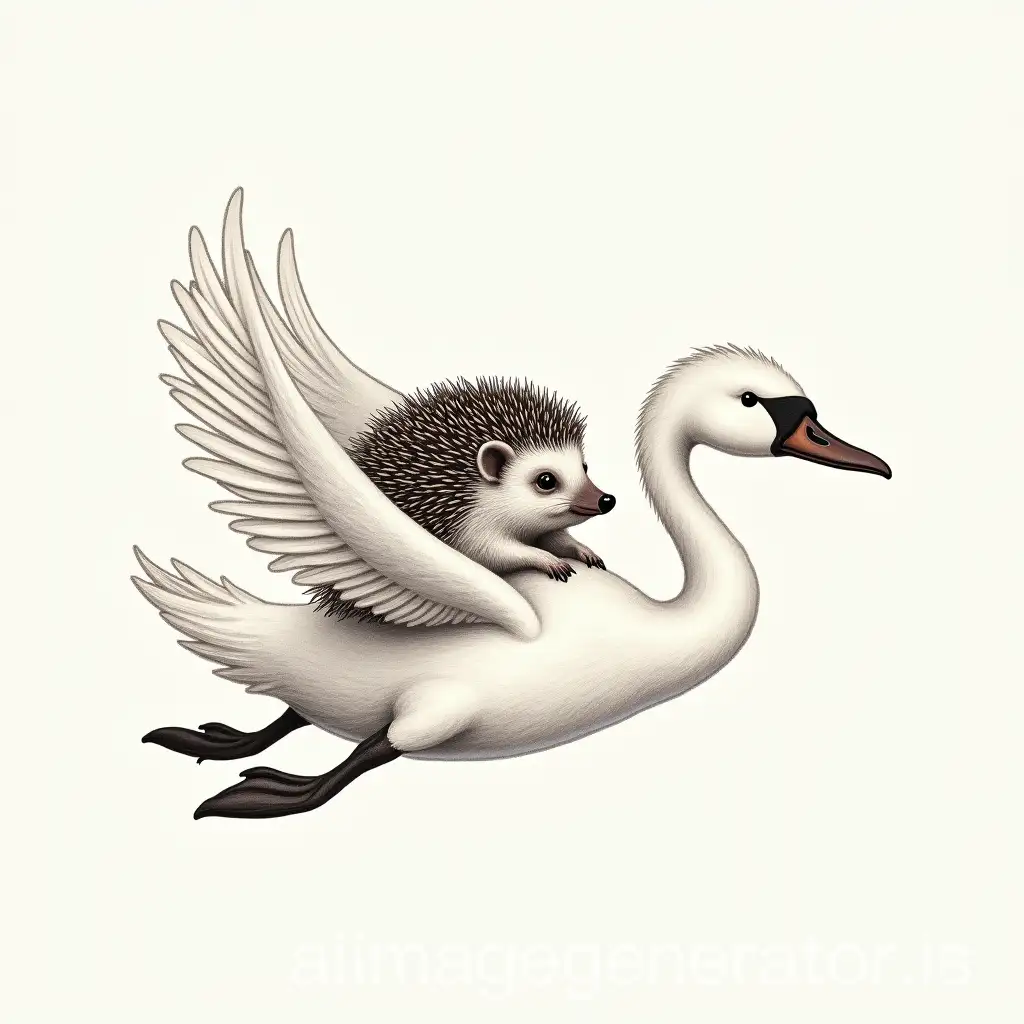 drawing hedgehog on a swan flying