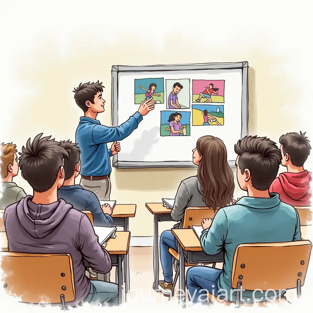 College-Student-Presenting-to-Classroom-with-Smart-Board-and-Students-Holding-Notebooks