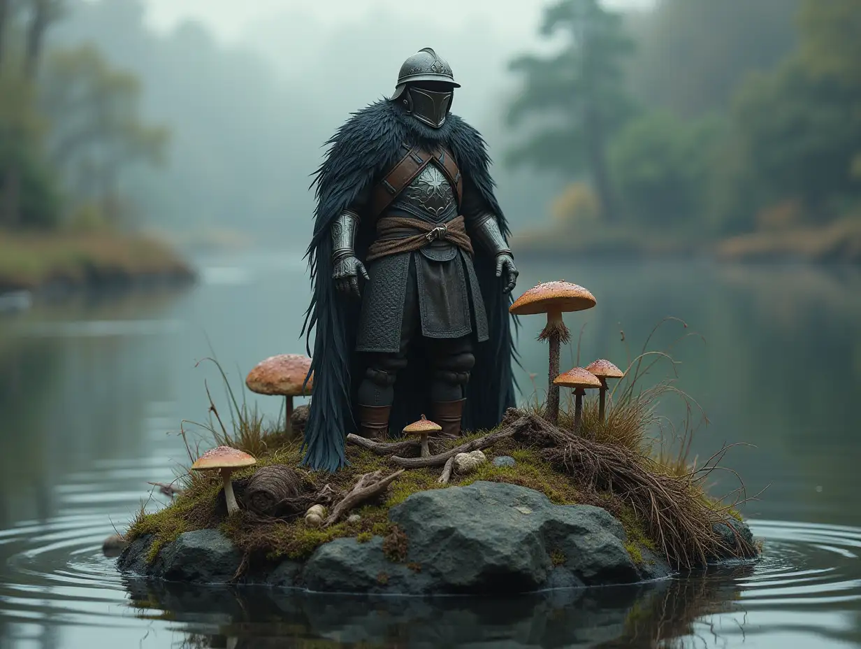 Soldier helmet,stones,mushrooms,roots,bones with full body armor at the lake on whole body feathers on a rock 4K resolution