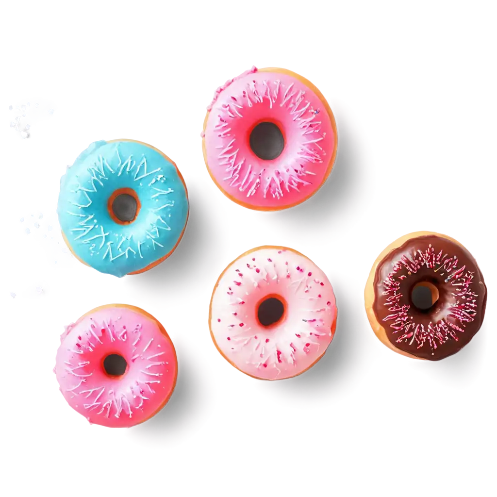 The image presents a vibrant and colorful composition of five donuts floating against a soft blue sky background. At the top, a donut covered with bright pink frosting stands out, generously sprinkled with white granulated sugar, providing a textured contrast. Below, to the left, there is a donut with light pink frosting, adorned with fine and delicate lines of white frosting in a zigzag pattern, giving an elegant appearance. To the side, a donut coated with dark chocolate features wavy lines of white frosting, adding a classic touch. Centralized, a donut with milk chocolate coating is sprinkled with colorful granulated sugar in shades of pink, yellow, green and blue, evoking a festive feeling. At the base, another donut with pink frosting is covered with white granulated sugar that complements visually the top donut, creating a vertical symmetry. This collection of donuts, with its vivid colors and attractive details, is ideal for a bakery or celebration context.