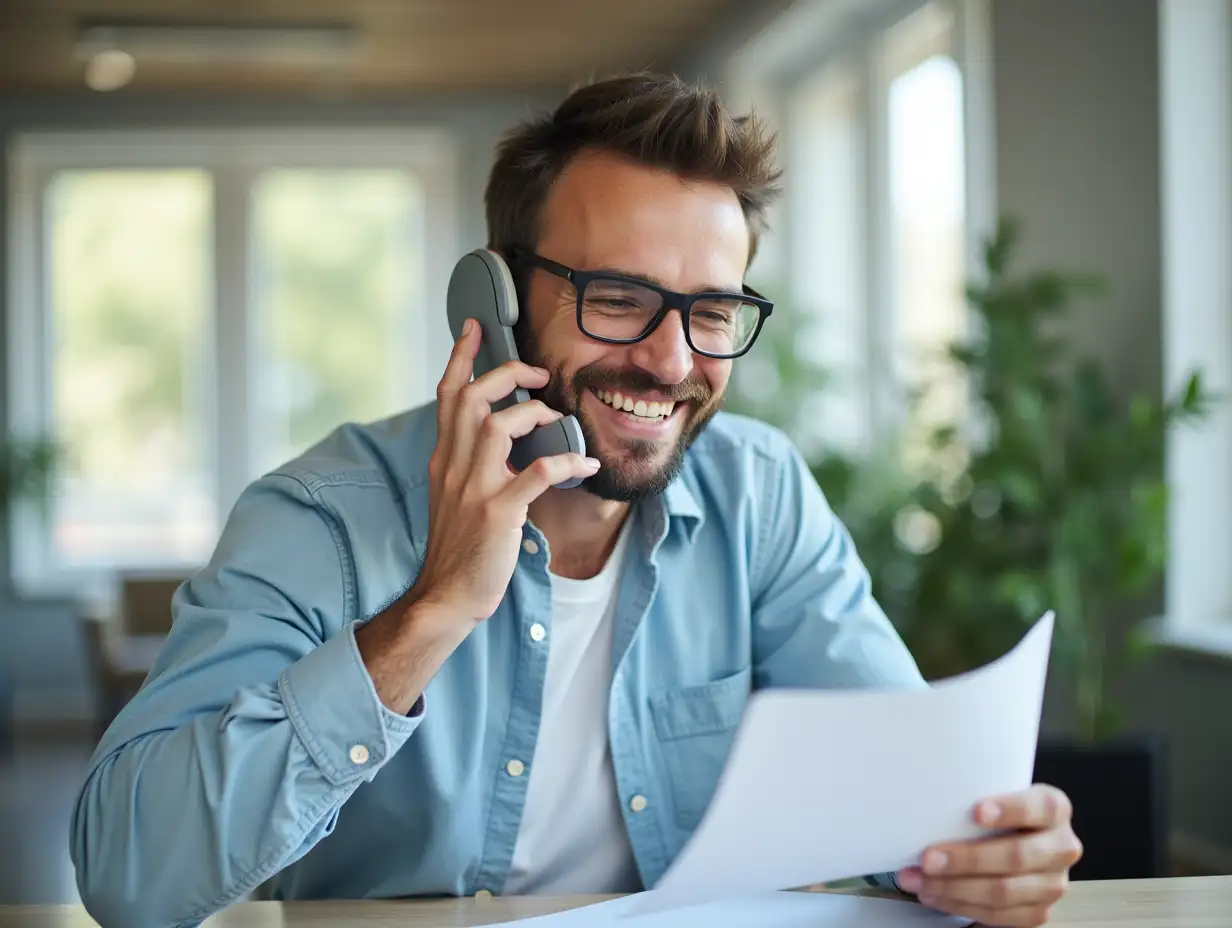 Smiling man with glasses talking on the phone while reading a document in his office.