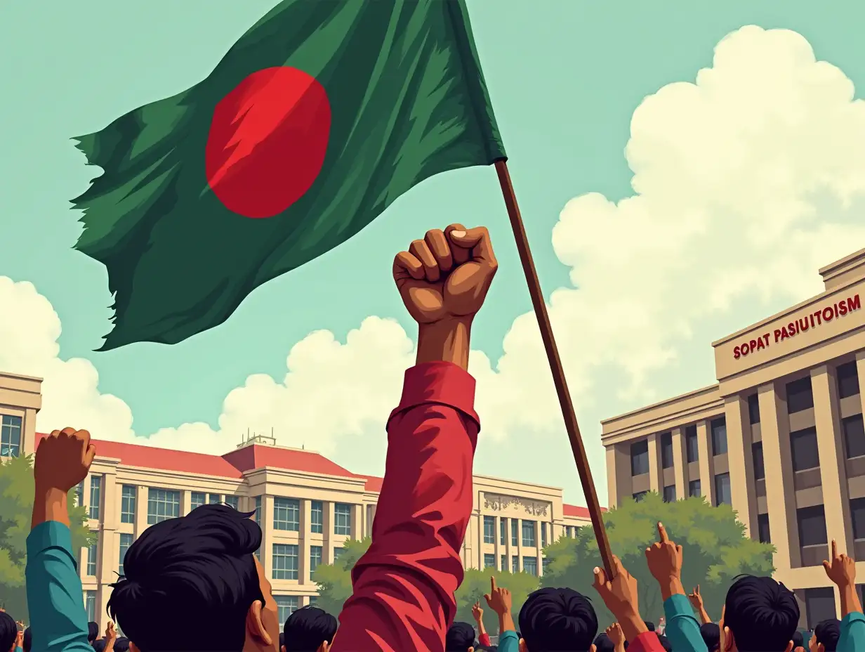 An illustration of a Bangladeshi student revolution in 2024. The background is a university campus with buildings. The overall image has a patriotic and revolutionary tone. A protester's hand is shown above the flag, holding a fist in the air.