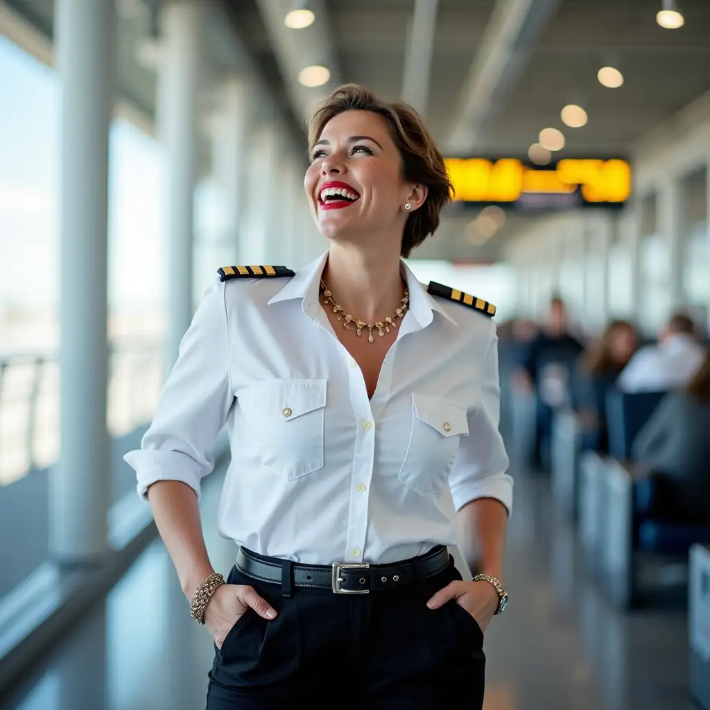 white norvegian curvy pilot lady, in white unbuttoned pilot shirt, laughing with her mouth open, red lipstick accentuating her smile,belt on waist, big wide hips, chest are fully grown, jewerly, short hair, HD, enjoing at airport , photo-realism