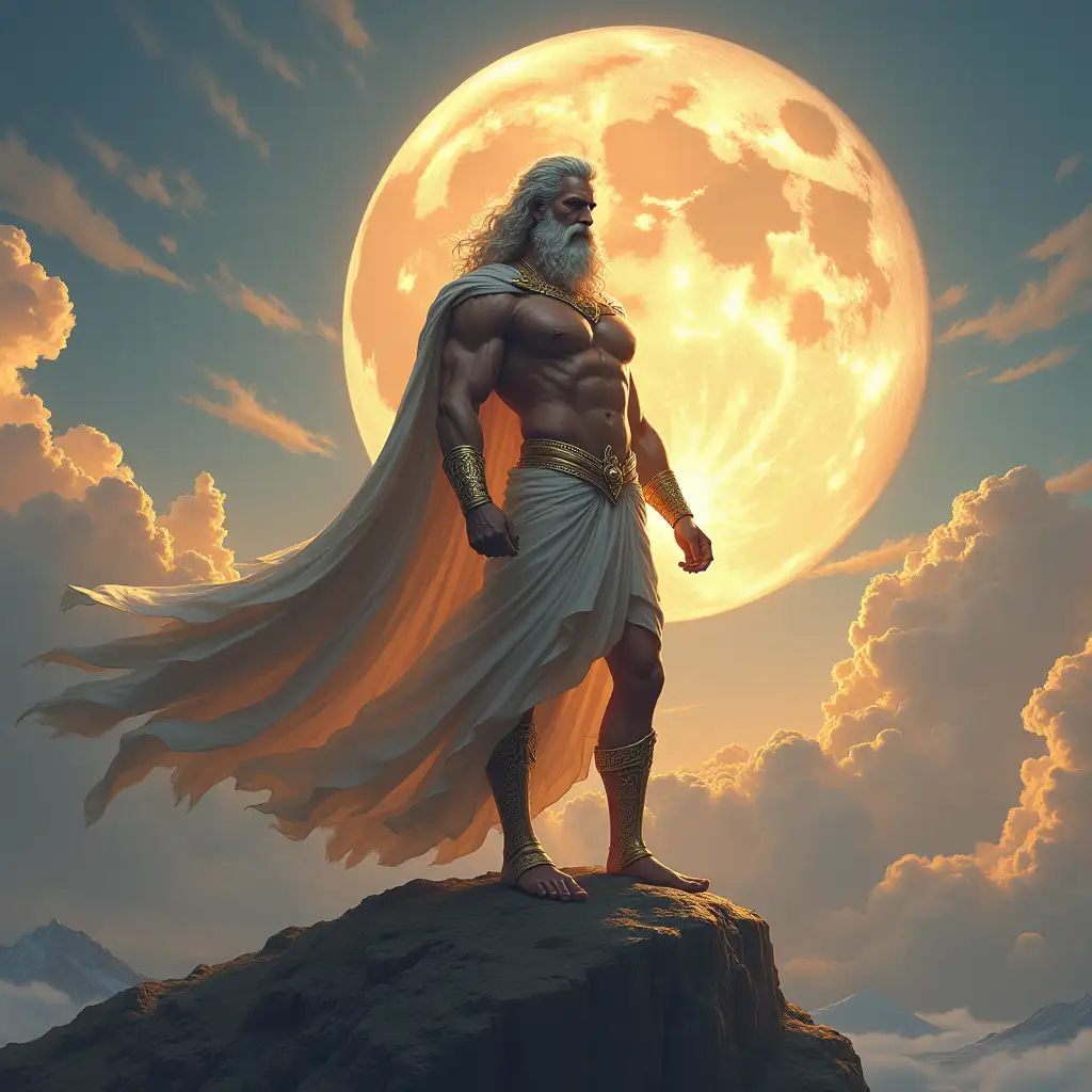 A majestic and powerful depiction of Zeus, the king of the Greek gods, standing atop Mount Olympus...