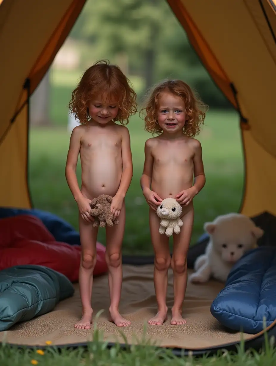 Skinny-Little-Girls-Crying-with-Stuffed-Animals-in-Campground-Tent