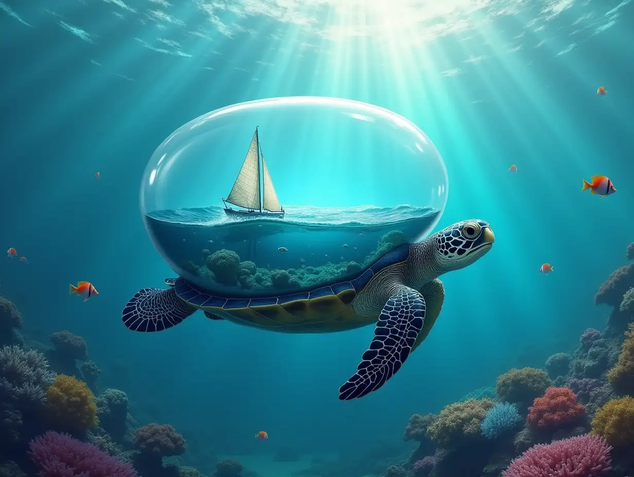 Create turtles floating on the sea surface with an oval glass container on their backs with an ocean inside with a sailboat, waves, storm, colorful fish, colorful corals. 8K resolution bright and colorful environment