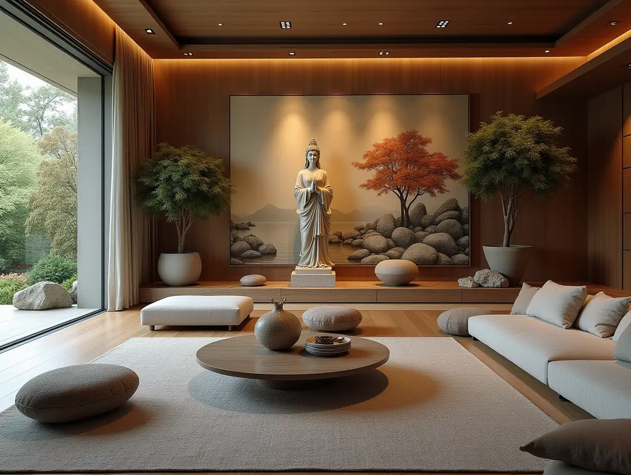 A large, luxurious living room with an artistic statue. With a beautifully designed art wall Zen-Garden with carefully tended rocks, a meditative 180 degree panoramic shot in 8K resolution Vibrant