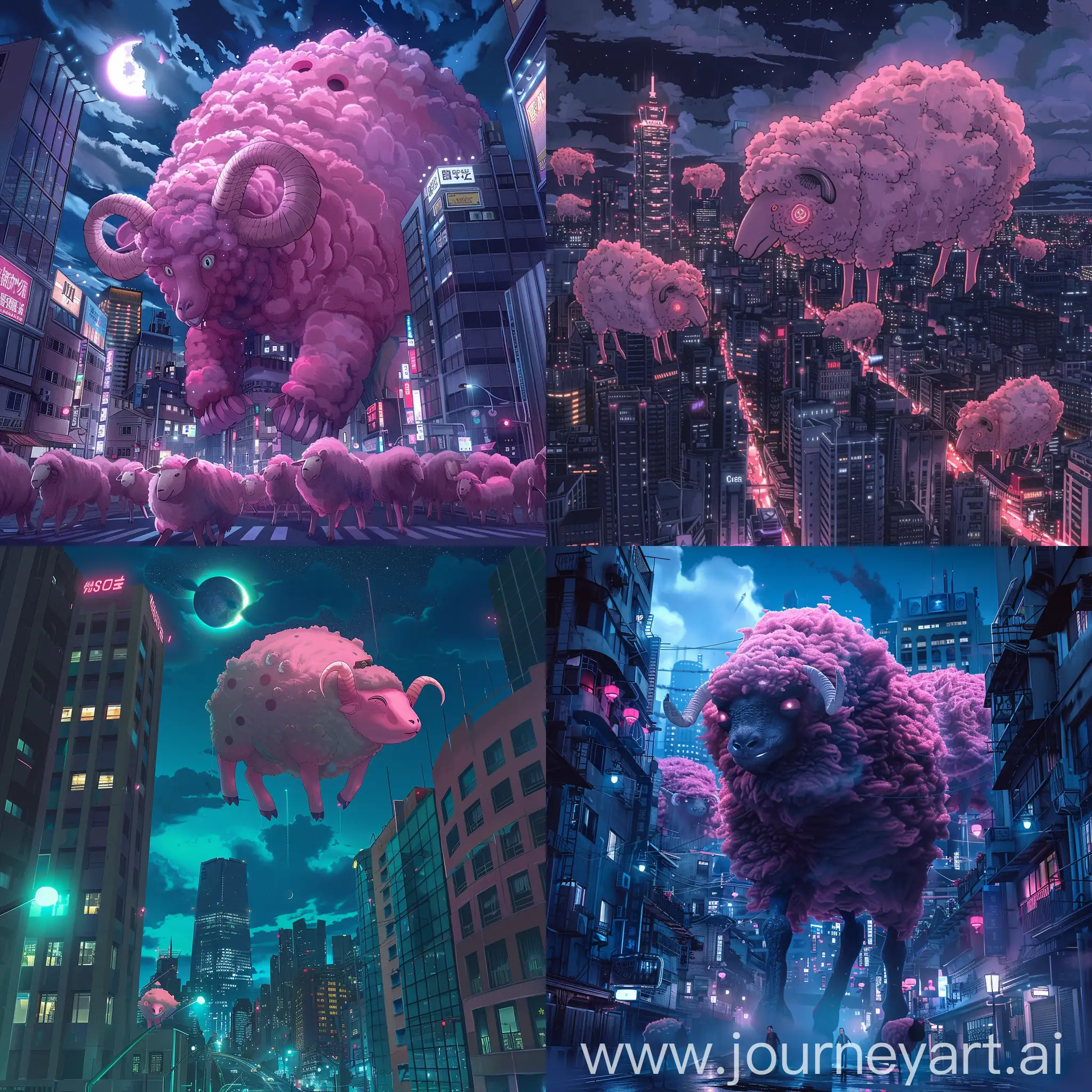 Anime-Pink-Sheep-Chasing-Monster-in-Night-Megapolis