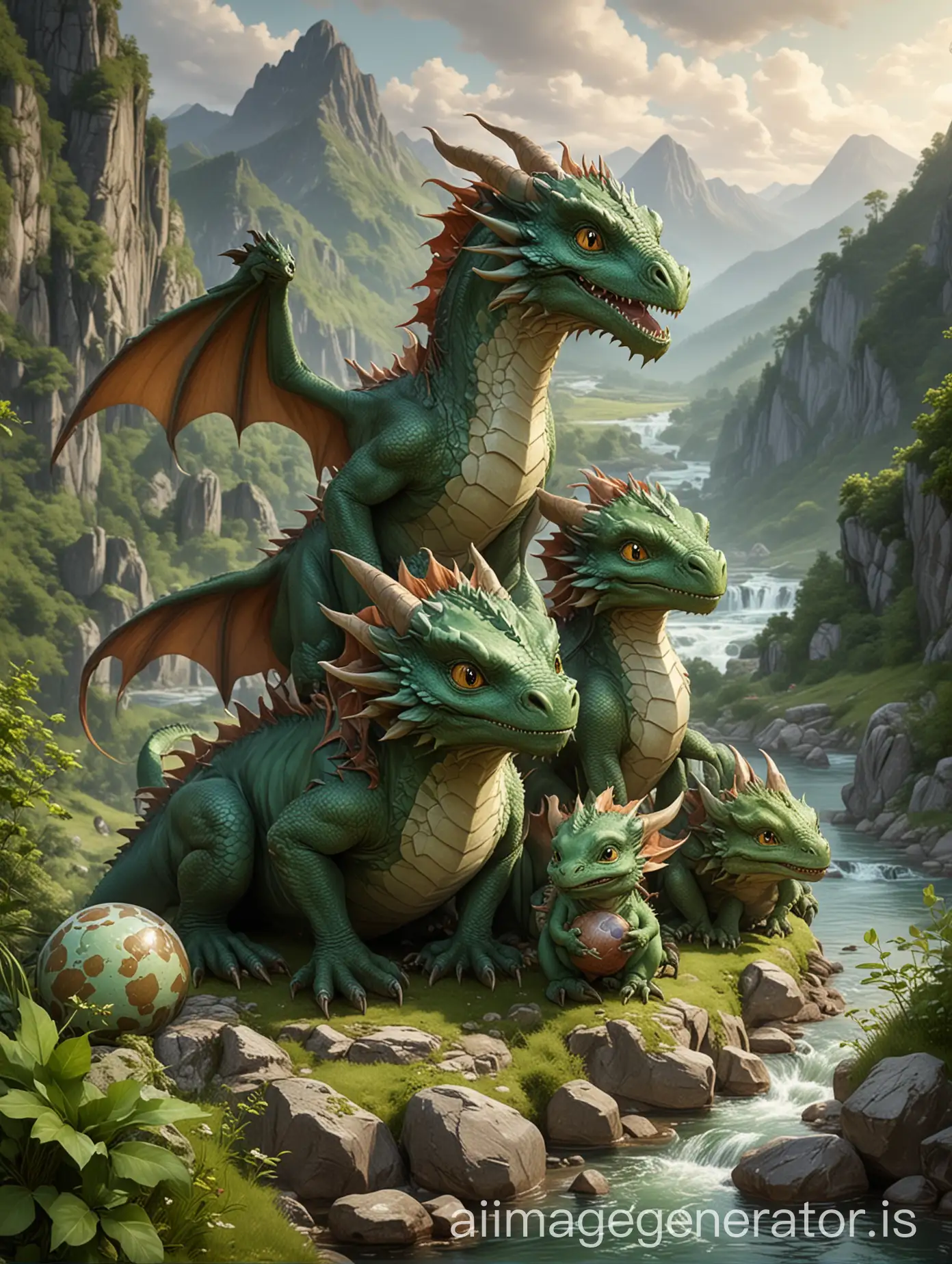 Family-of-3-Cute-Dragons-with-Baby-Dragon-and-Egg-in-Green-Mountain-Landscape