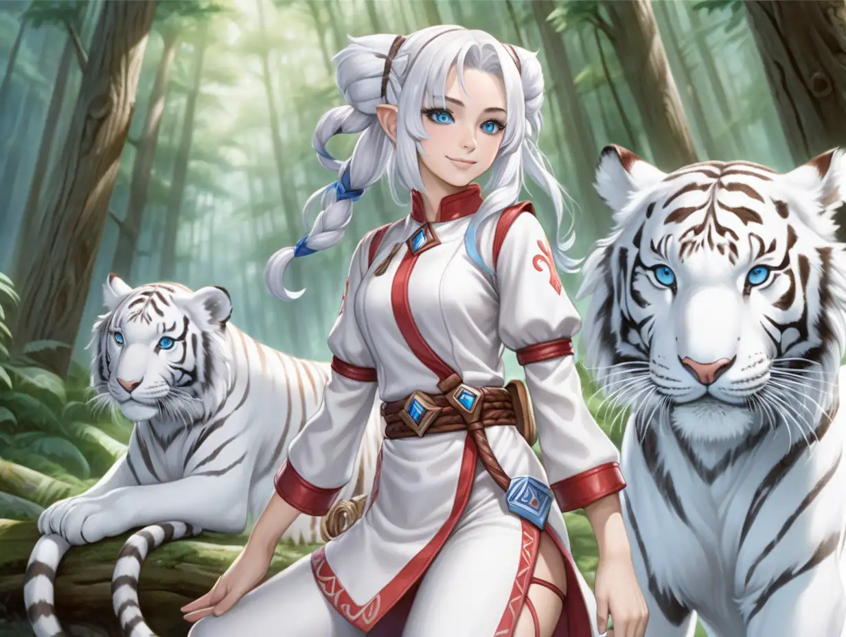 (((white mage's uniform))), ((mage woman)), ((white tiger ears)), белые волосы заплетённые в косу, (only 1 woman), black freckles, (blue eyes), ((without humans ears)), ((beautiful face)), forest, a Affectionate smile, full body, white leather Trousers