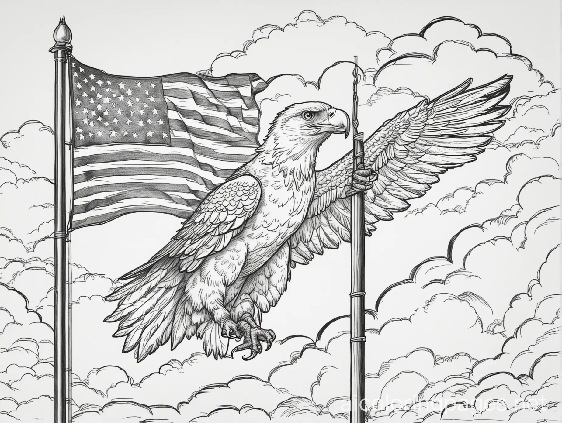 coloring book line drawing of a waving american flag on a pole with clouds in the background and a bald eagle in front of it, Coloring Page, black and white, line art, white background, Simplicity, Ample White Space. The background of the coloring page is plain white to make it easy for young children to color within the lines. The outlines of all the subjects are easy to distinguish, making it simple for kids to color without too much difficulty