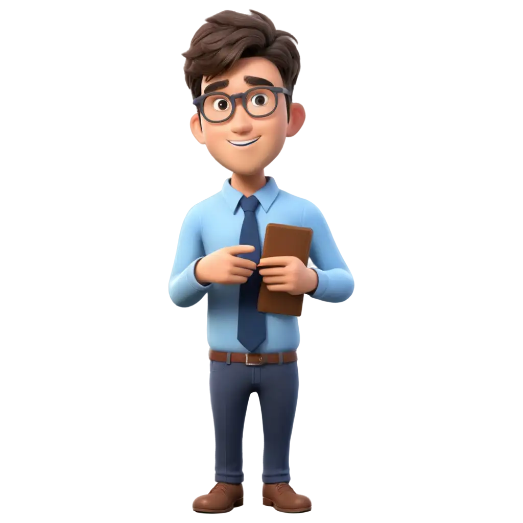 3D-Animated-Asian-White-Male-PNG-Image-with-Brown-Short-Hair-Blue-Long-Sleeves-Tie-and-Glasses