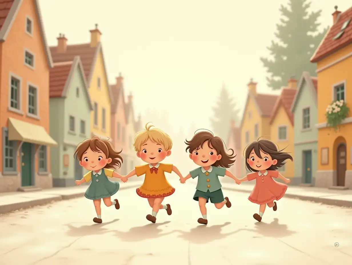 A whimsical and charming illustration in a soft pastel palette, inspired by storybook art, featuring four children's participating in a race on the streets of a cozy small city. All the figures are evenly spaced, not touching, and wearing vintage-style outfits. Each child has distinct features and expressions, with a warm and dreamy atmosphere. The background includes a soft lighting, creating a harmonious and serene scene. High-quality illustration with intricate details.