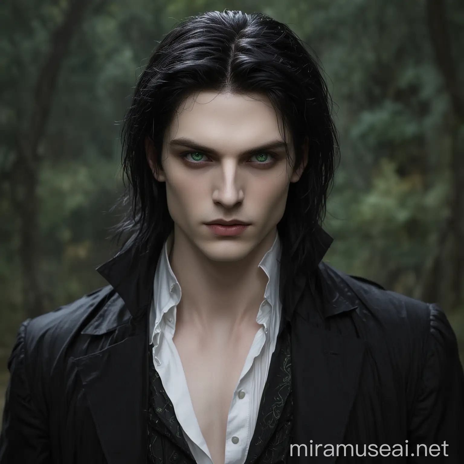 Vampire Man with Pale Skin and Green Eyes in a Gothic Setting