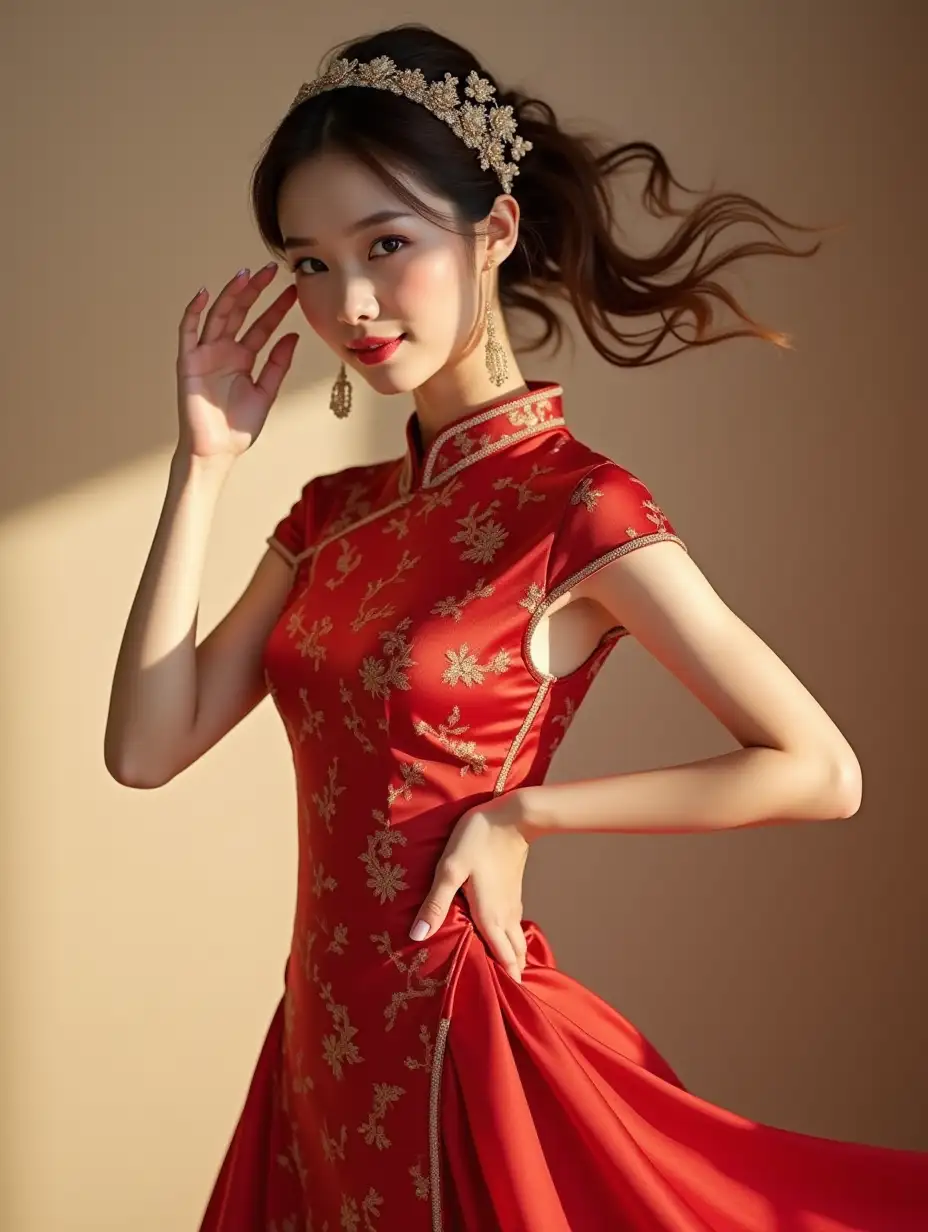 Charming-Woman-in-Chic-Scarlet-Patterned-Qipao-Striking-Dynamic-Pose