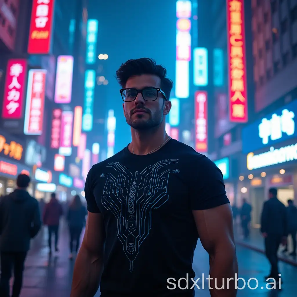 A muscular, modern man with dark hair and glasses stands in a futuristic street illuminated by vibrant neon lights in a cyberpunk-style urban landscape. The man is wearing a black t-shirt with a circuit or tech design on the chest, reflecting an advanced digital environment. The city is filled with skyscrapers featuring neon signs in various languages, with people walking on the street. The scene has blue and pink lighting that enhances the futuristic and technological atmosphere, with a slightly hazy ambiance and tall buildings surrounding him.