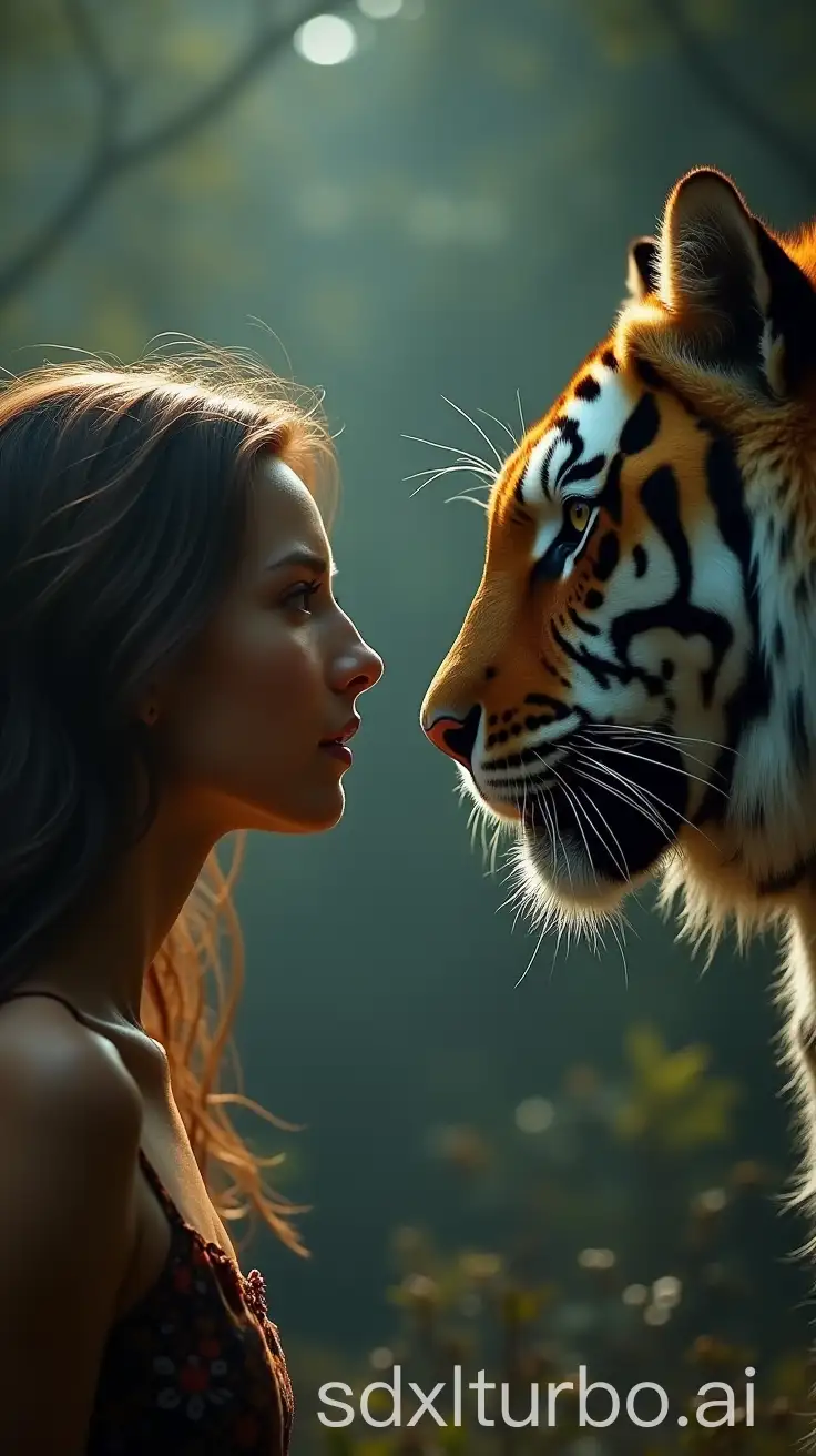 hyper-realistic 8k cinematic masterpiece with a complete profile of a woman and tiger facing each other on the FLOREST