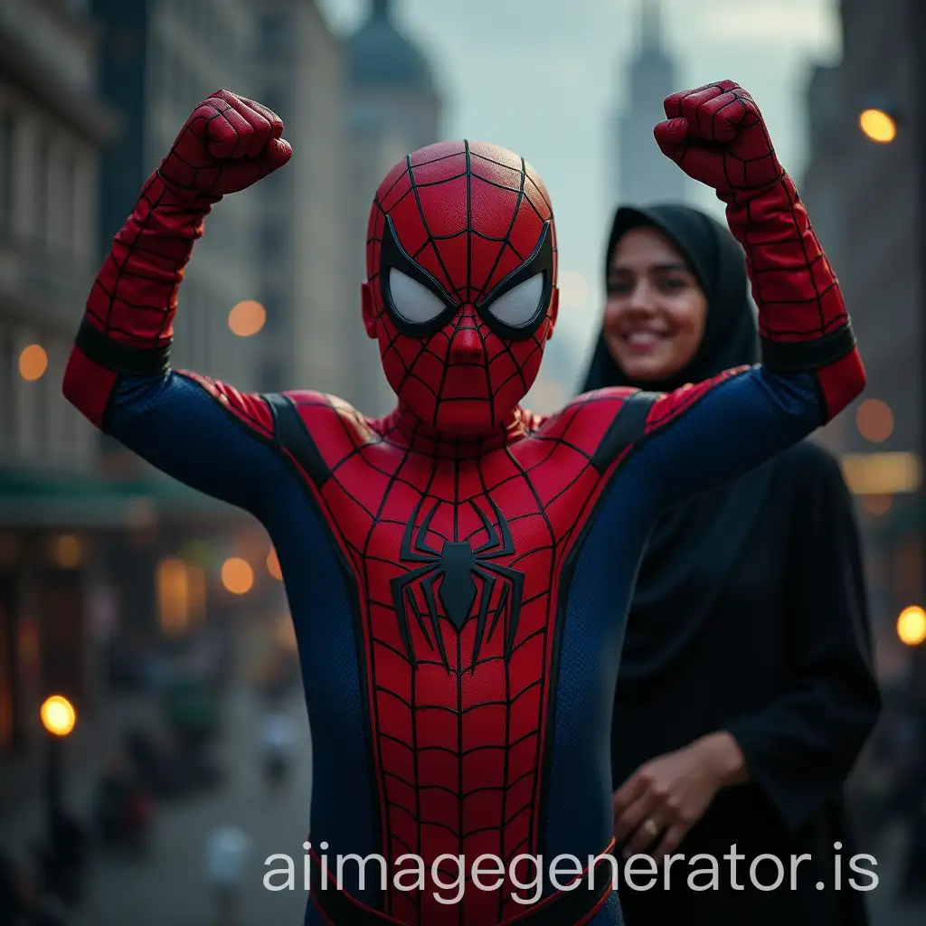A dramatic and intense scene of a 5-year-old boy wearing a fully detailed Spider-Man costume, including the original Spider-Man mask, standing proudly in a powerful victory pose, showing true triumph over evil. The boy’s expression is one of fierce determination and joy, as he has just defeated a great challenge. Next to him stands his mother, a strong and loving woman wearing a hijab and casual clothing. She is crying tears of joy, overwhelmed with emotion and pride for her son’s incredible achievement. The background features a dramatic city