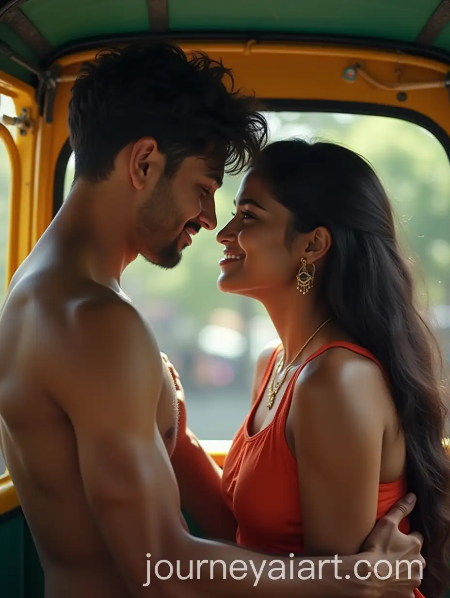Romantic-Indian-Couple-in-Gym-Chubby-Girl-and-Boy-with-Long-Hair-Sharing-a-Moment-by-an-Autorickshaw