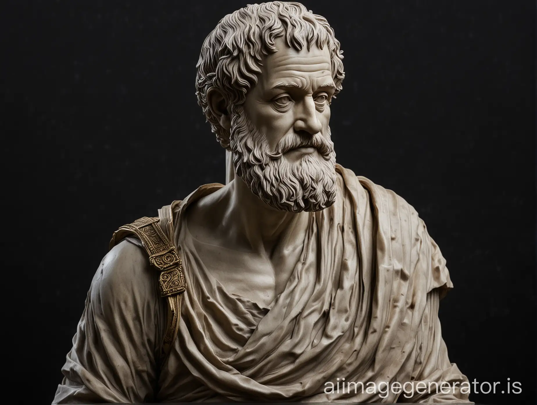 Luxurious Aristotle sculpture on a black background, keep a small space empty for text 