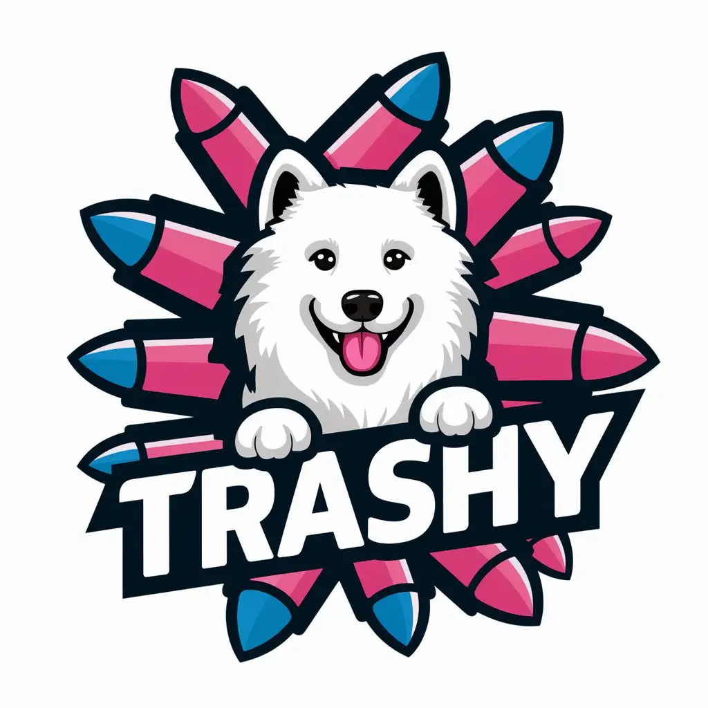 a logo design,with the text "trashy", main symbol:cute white samoyed, pink and blue background, bullets,complex,clear background