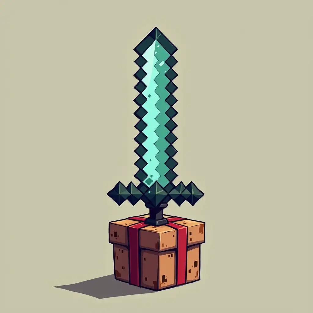 A Minecraft sword drawn as a vector illustration. The sword is stuck in a birthday gift box.