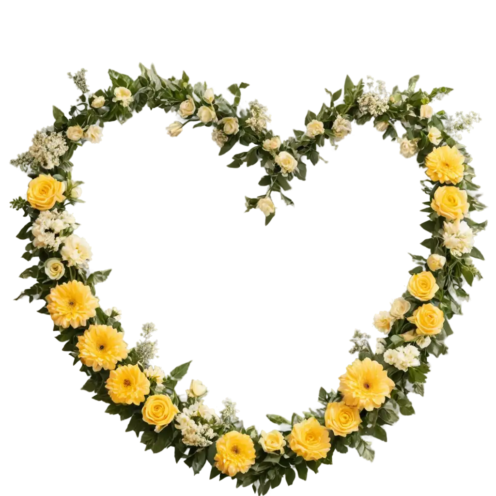 Create a heart-shaped funeral wreath featuring yellow and cream-colored flowers for a soft and uplifting design. The wreath includes roses, gerberas, and delicate filler flowers, arranged in a dense and harmonious composition. Green foliage is used to frame the flowers, adding depth and contrast to the bright tones. The flowers should be evenly distributed to maintain the symmetrical heart shape, ensuring a balanced and elegant appearance. The design should be upright, fully visible, and centered within the image, with the heart shape clearly defined. The background should be plain white, with balanced lighting to highlight the vibrant yellow hues and natural textures. Ensure the image is clean, professional, and suitable for use in a webshop or promotional material, emphasizing the wreath’s beauty and suitability for memorial services.