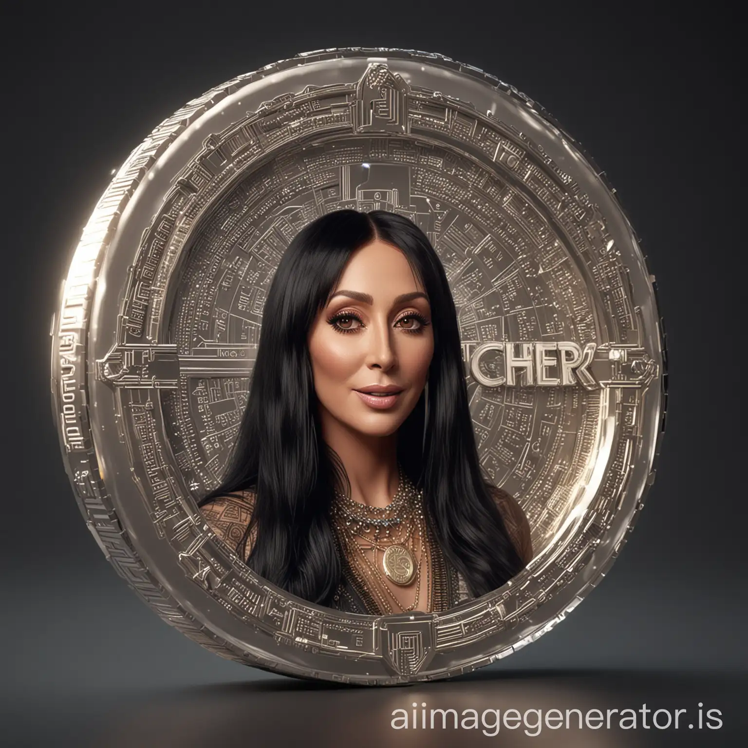 Futuristic crypto currency token with the singer cher on the front of the token in 3d