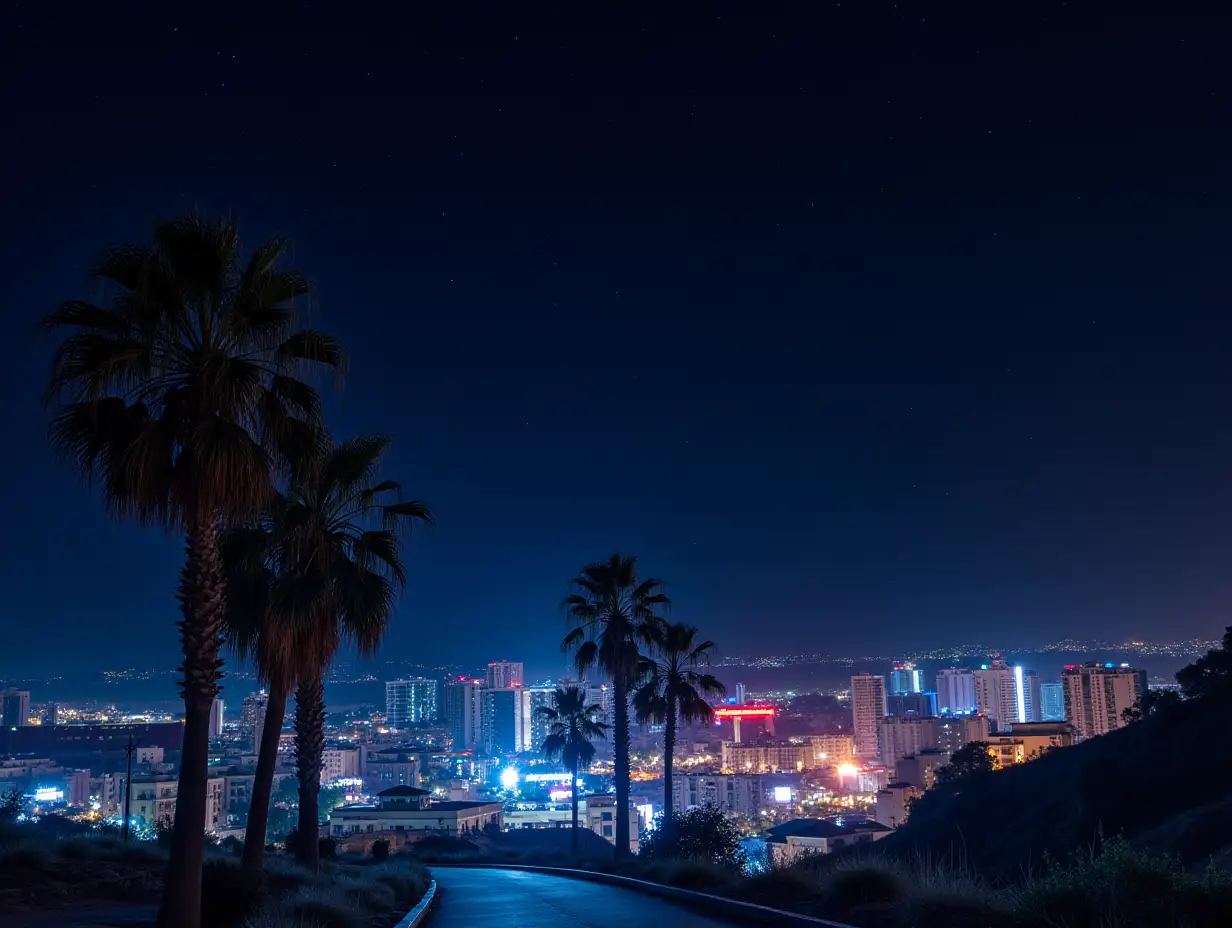 Illuminated-Cityscape-with-Palm-Trees-and-Glittering-Neon-Signs