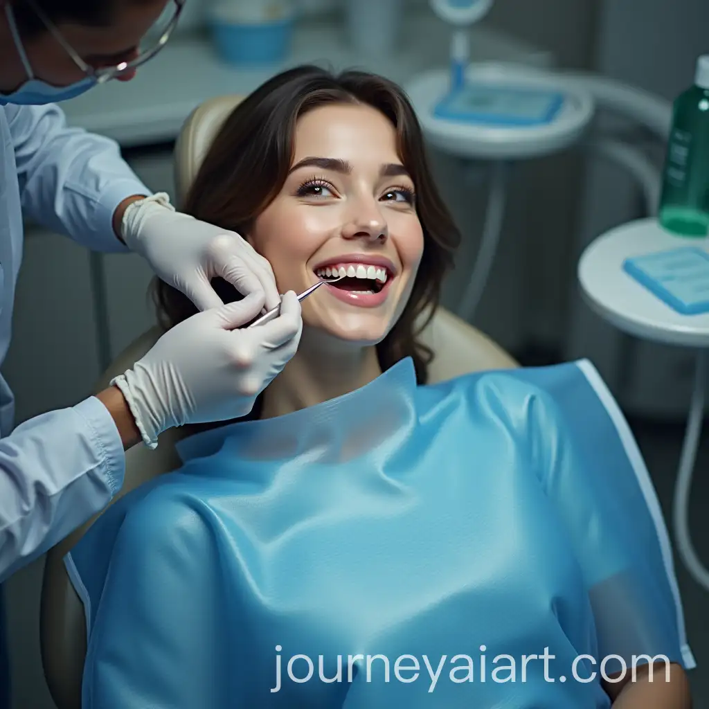 Dentist-Examining-Woman-in-Blue-Plastic-Bib-at-Clinic