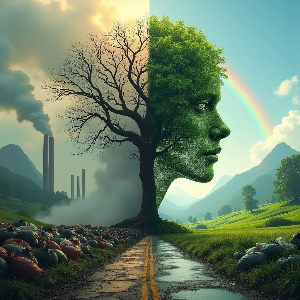 A strikingly symbolic surreal composition portraying a single tree split into two contrasting halves, forming the profile of a human face, where one side is barren and lifeless while the other thrives with lush greenery. The left half of the image presents a bleak dystopian landscape, filled with towering smokestacks belching thick, dark clouds into the sky, a sea of overflowing garbage bags piled beneath, and a cracked, ashen road stretching endlessly. The skeletal branches of the tree mirror the decay, devoid of leaves, twisted and lifeless, blending into the smog-filled atmosphere. On the right side, a vibrant utopian paradise emerges, with rolling green fields stretching toward lush forested mountains, illuminated by a soft, golden glow. The tree here is full of life, its rich green foliage thriving under a bright blue sky, where a radiant rainbow arcs gracefully, casting a hopeful aura over the pristine natural landscape. The stark contrast between industrial destruction and environmental harmony conveys a profound visual metaphor of human impact, nature’s resilience, and the choice between devastation and renewal in a hyper-detailed, thought-provoking surrealist art style.<lora:FluxDFaeTasticDetails:0.25> <lora:fechin-FLUX:0.75>