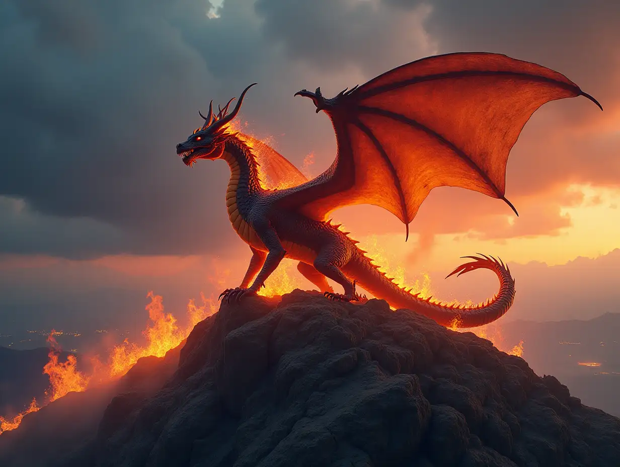 dragon with fire on the top of mountain