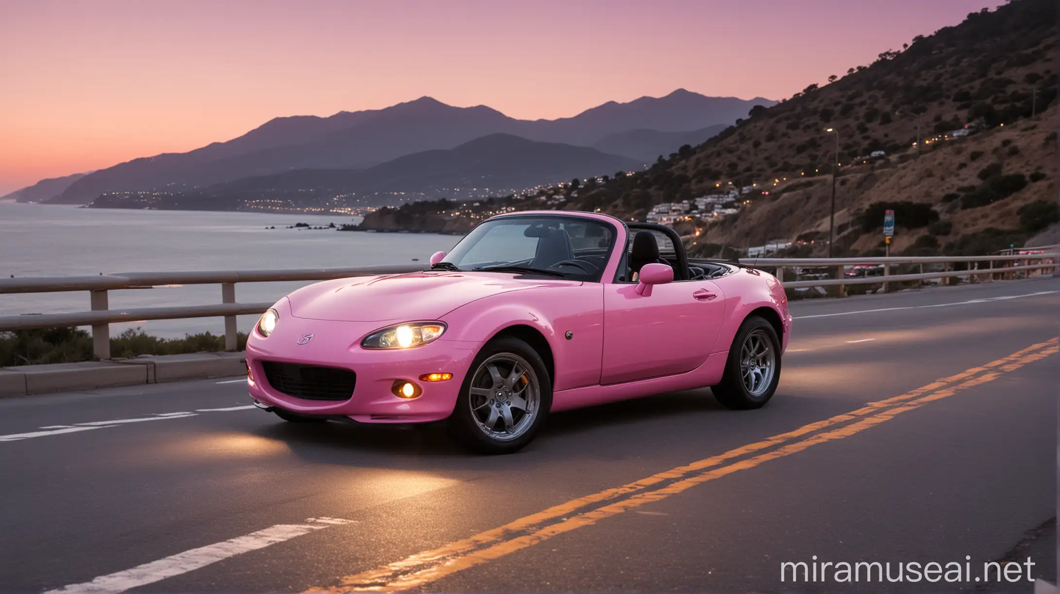 Sunset Boulevard Pink Mazda Miata with Dusk Mountains