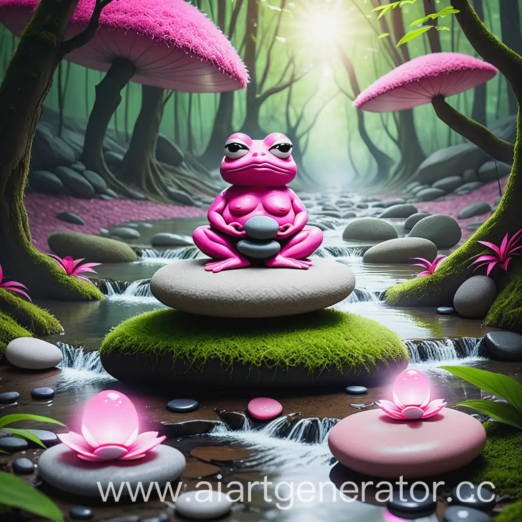 Pink-Pepe-Zen-Meditates-in-Fairy-Forest-with-River-and-Balance-Stones