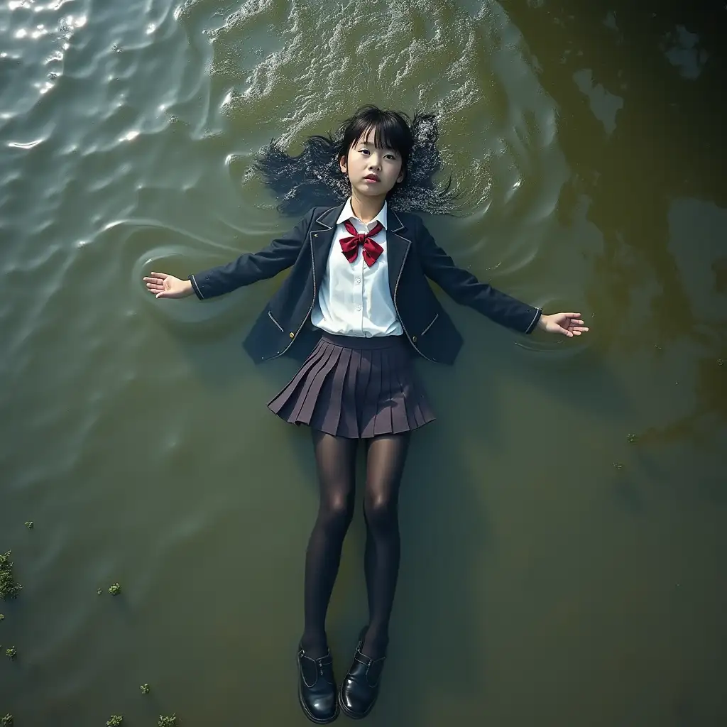 A young asian schoolgirl in a school uniform, in a skirt, jacket, blouse, dark tights, high-heeled shoes. She is swimming in a dirty pond, lying underwater, all her clothes are completely wet, wet clothes stick to her body, the whole body is underwater, submerged in water, under the surface of the water, below the water's edge. Swim.