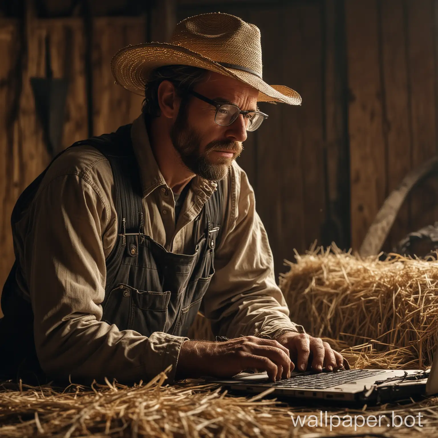 A rugged farmer stands in a rustic barn, surrounded by hay bales and farming tools. He wears a straw hat, overalls, and work boots, with dirt on his hands and face. In contrast, his expression is one of intense focus as he works on a sleek laptop resting on a wooden table. Cables and digital equipment mix with traditional farming tools, and glowing lines of code reflect off his glasses. The barn is dimly lit, with a soft glow from the computer screen illuminating his face, creating a juxtaposition of rural and high-tech elements