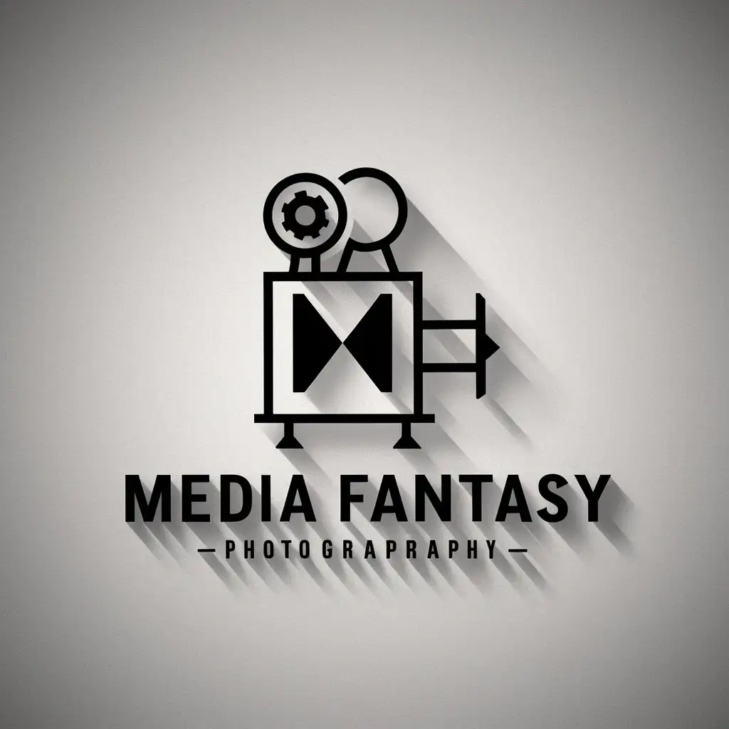 a vector logo design,with the text "media fantasy", main symbol:person movie machine shadow,Minimalistic,be used in photography industry,clear background