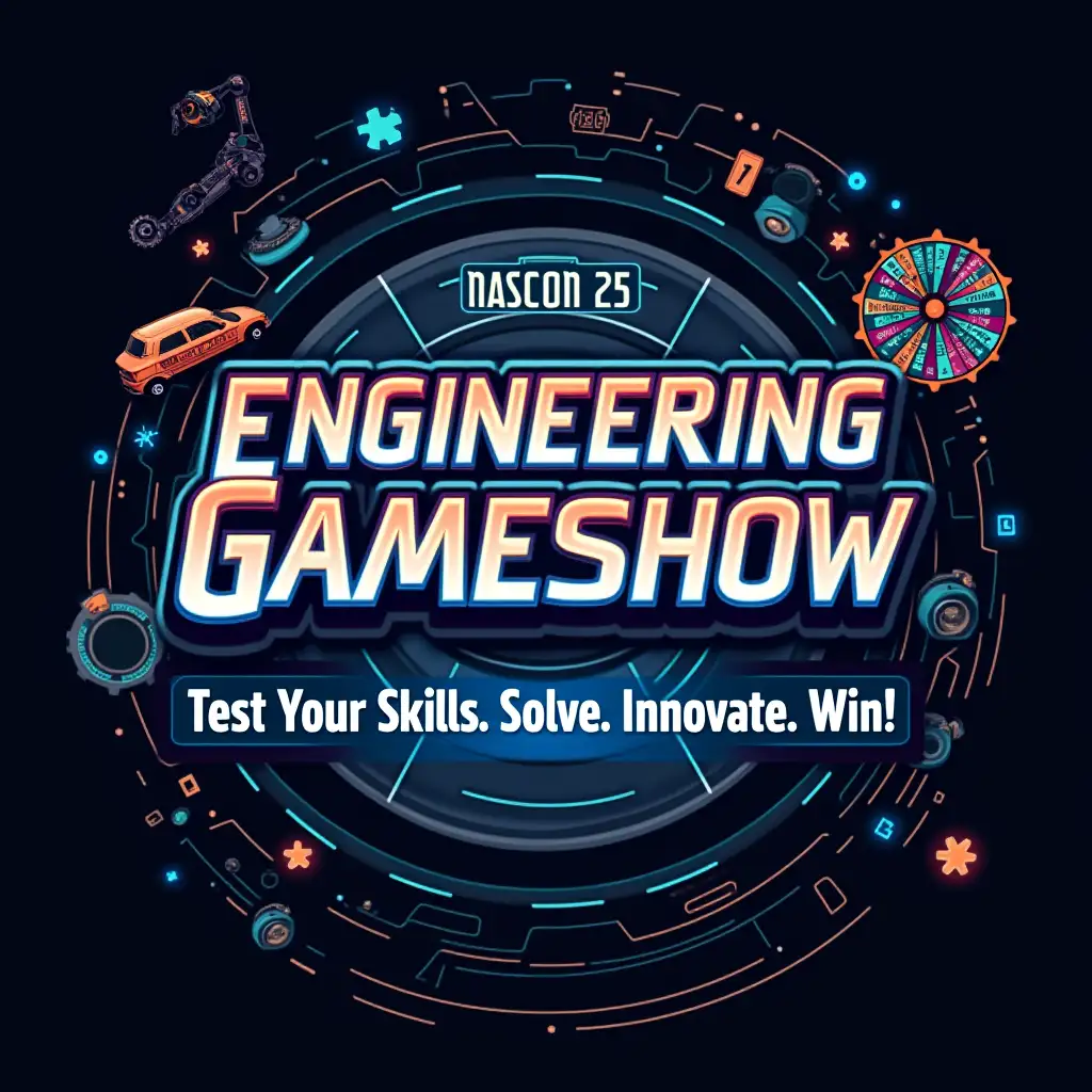 Create a high-energy digital poster for the 'Engineering Gameshow' at NASCON 25. The design should have a futuristic, tech-inspired theme with a dark background, neon blue and orange highlights, and geometric patterns. Incorporate visuals of engineering elements like gears, circuits, robotic arms, and mathematical symbols to highlight problem-solving and innovation. Additionally, integrate exciting game elements such as an RC car, a spinning ‘Wheel of Fortune,’ puzzle pieces, and a digital timer to showcase the interactive and competitive aspects. The title, ‘Engineering Gameshow,’ should be bold and modern, with a glowing effect. Below, include the tagline: ‘Test Your Skills. Solve. Innovate. Win!’ The overall design should feel dynamic, thrilling, and intellectually engaging, capturing both the engineering and game-show spirit of the event.