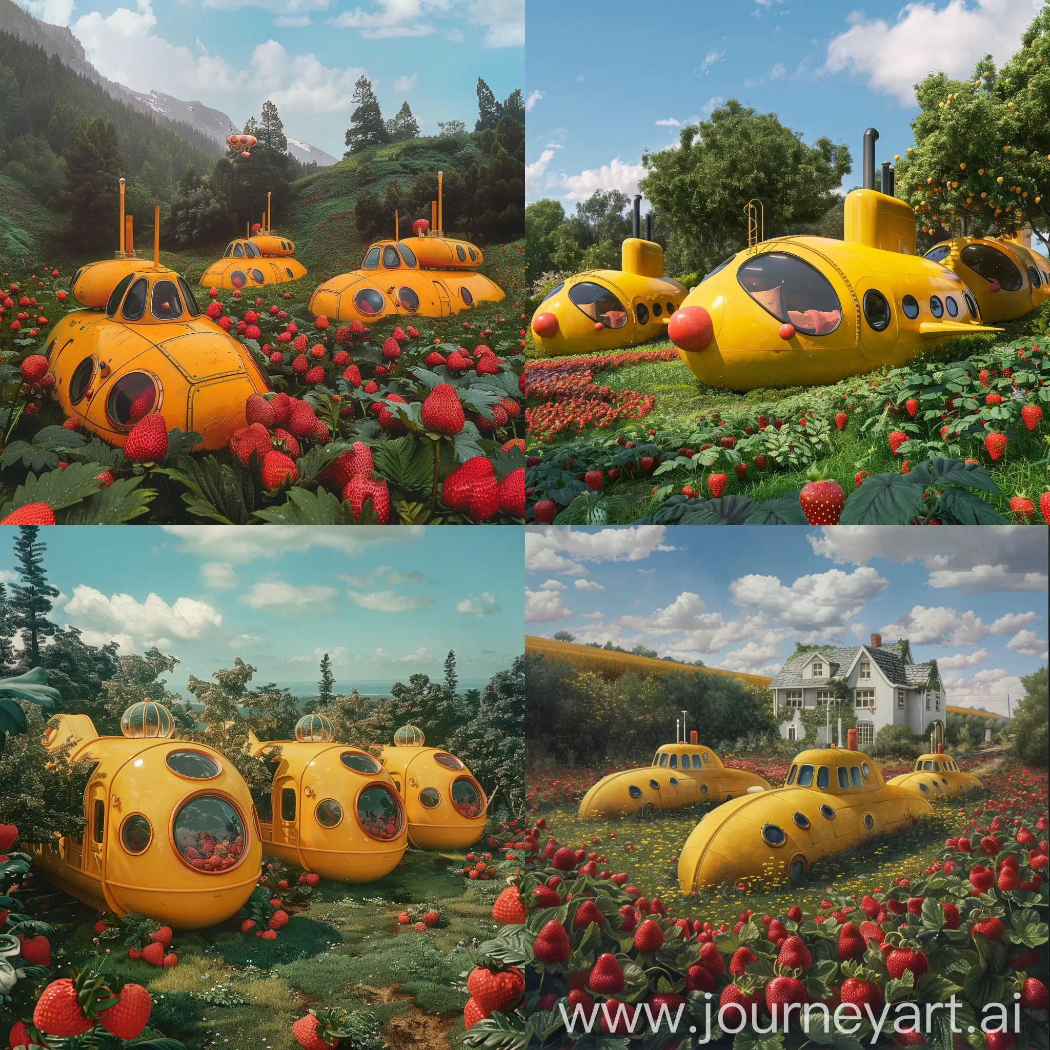 Three-Yellow-Submarine-Homes-on-Strawberry-Lawn-Under-Sunny-Day