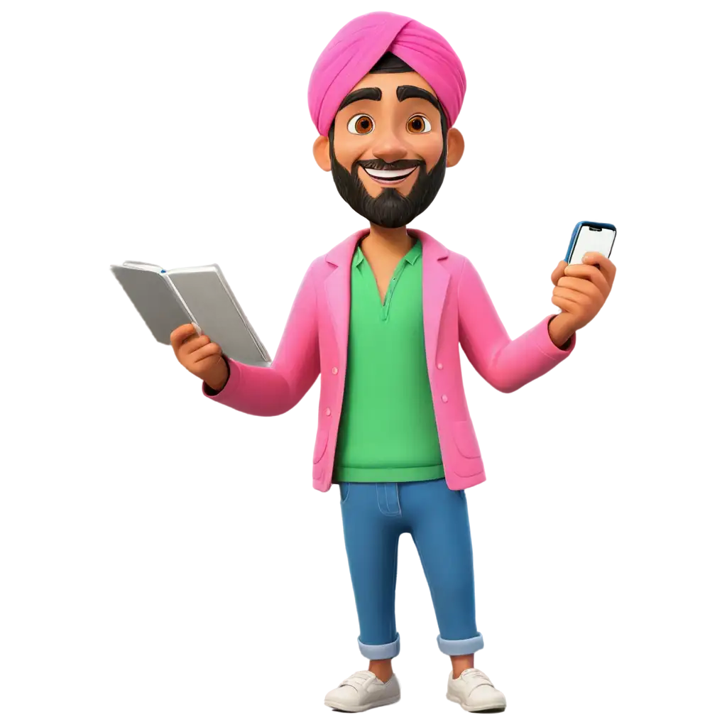 Vibrant-PNG-Illustration-of-a-Young-Punjabi-Traveler-with-Bright-Pink-Turban-Smiling-Eyes-and-Scenic-Room-Backdrop