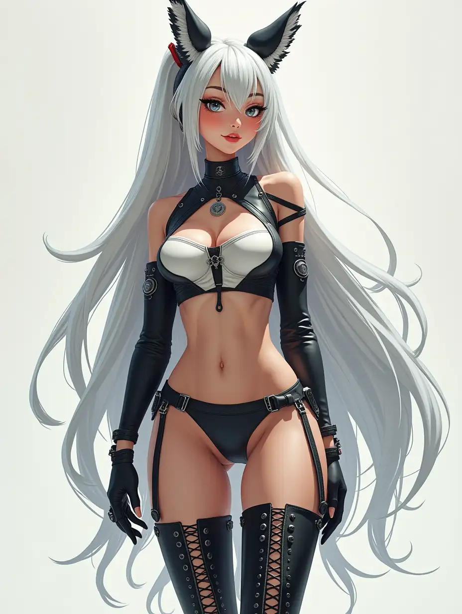 Depiction of a beautiful white woman with long mixed white-black hair in a futuristic style and laced boots