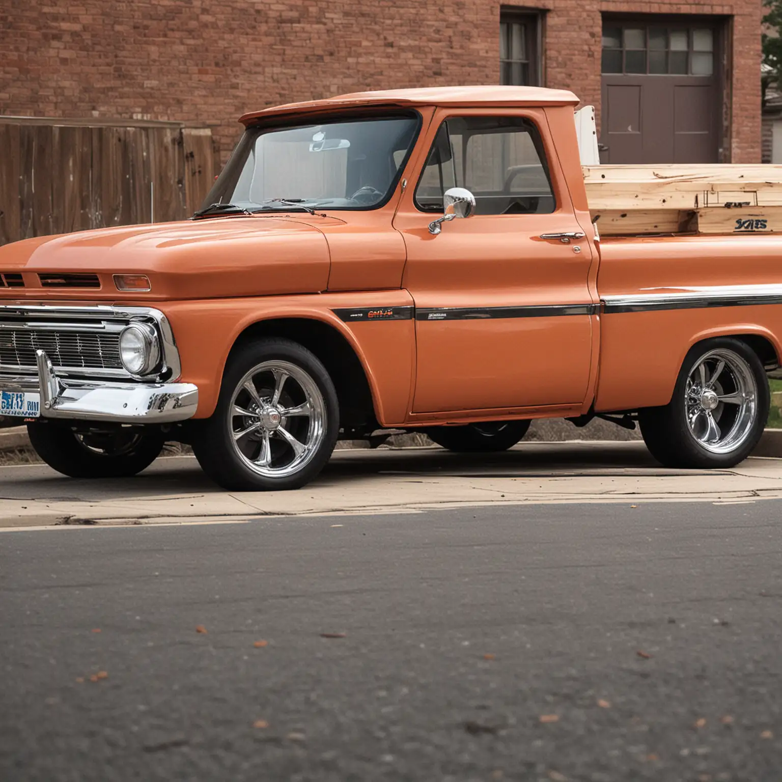 1965 Chevy Pickup Truck with Low Rider Styling and Supermodel Standing Next to It