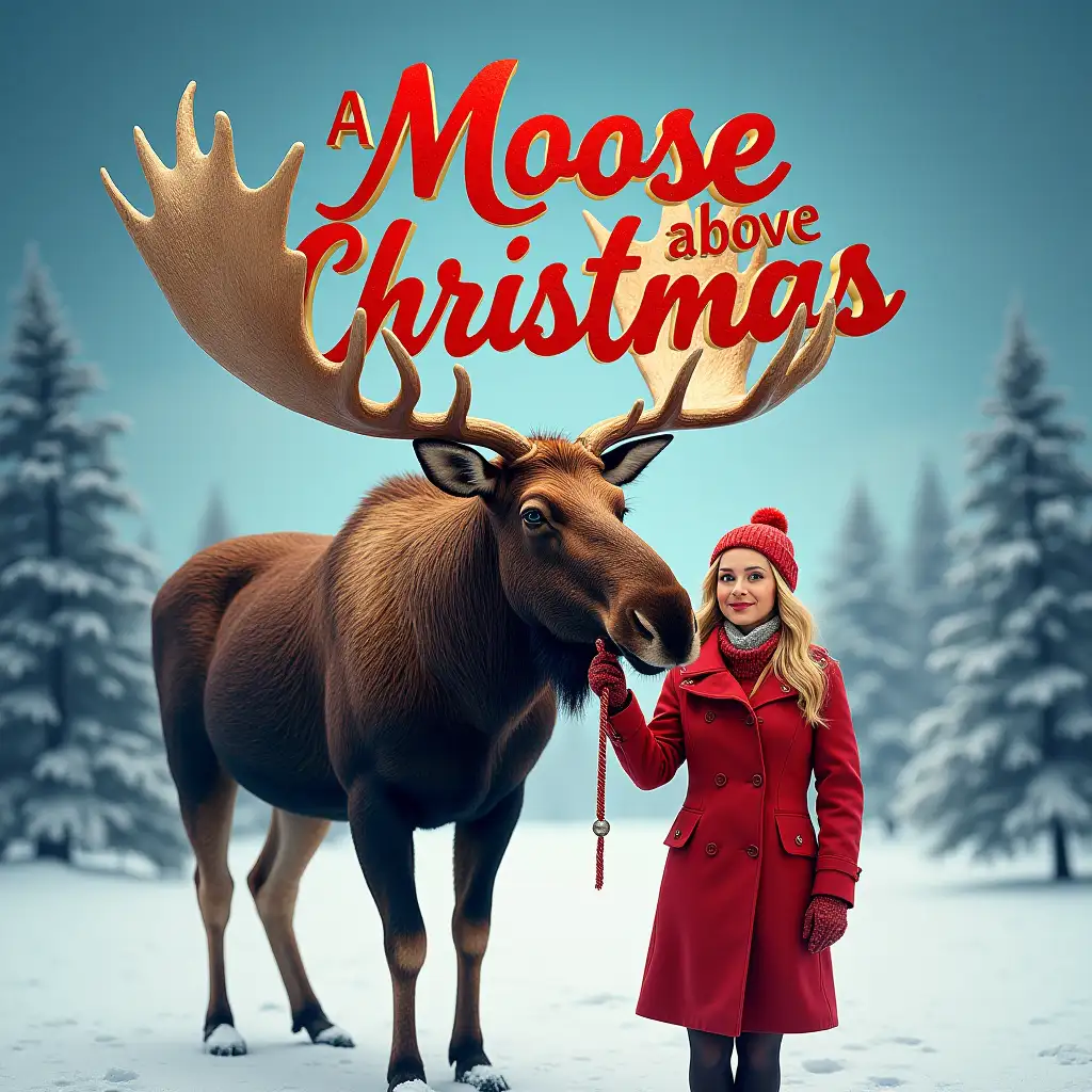 Christmas-Celebration-with-Moose-and-Woman-in-Snowy-Landscape