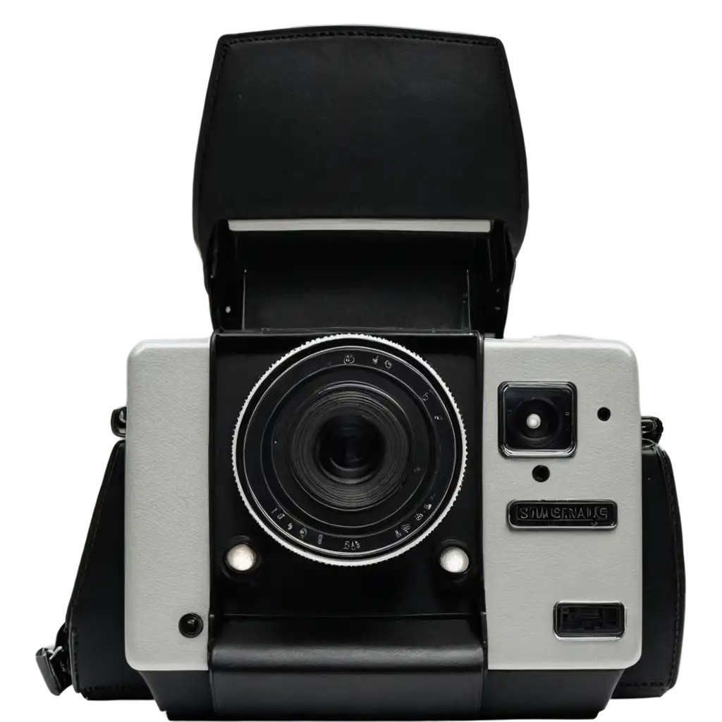 Rectangular instant camera, tone is mainly black and white, camera body is mainly black leather, vintage style