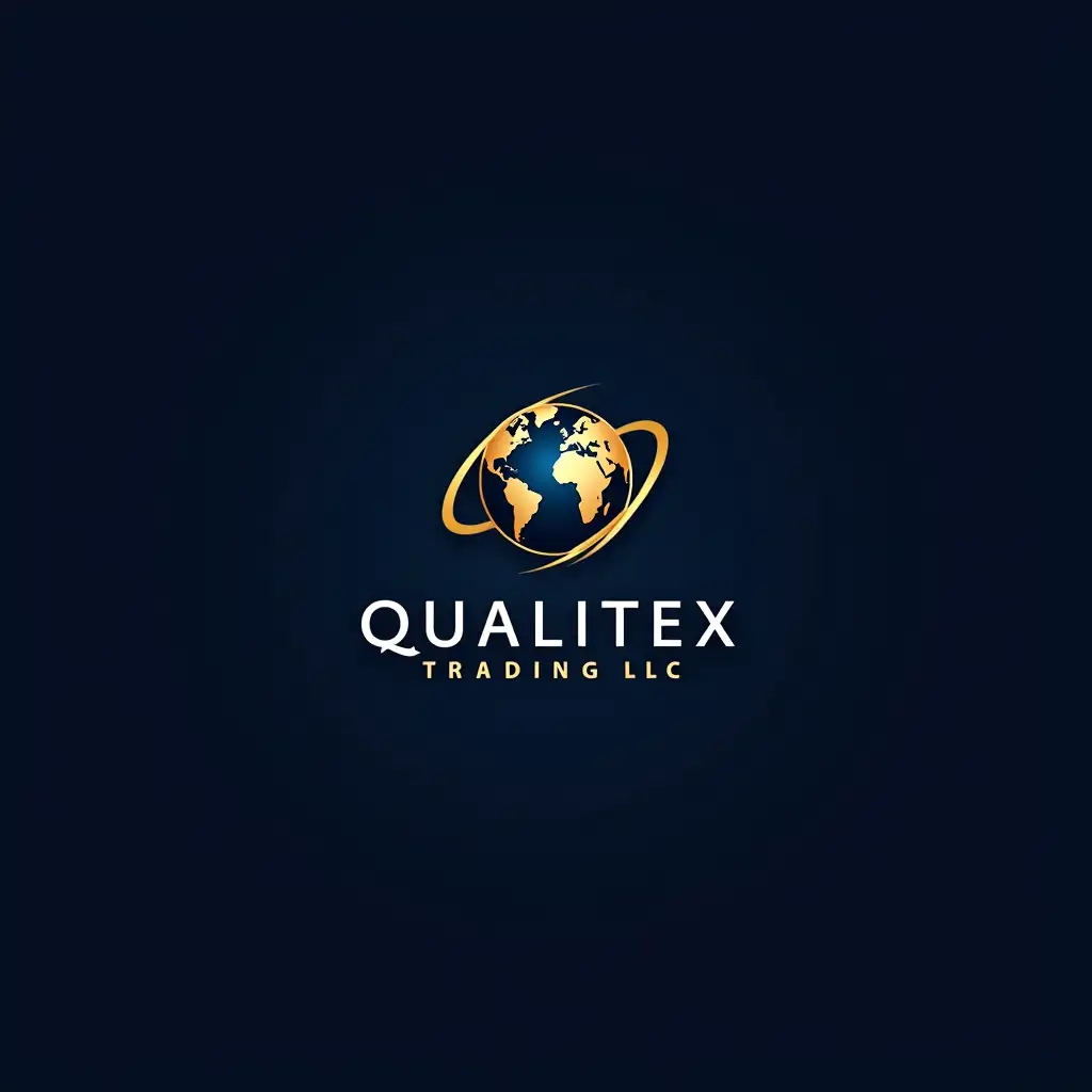 Design a sophisticated and elegant logo for an international trading company named *Qualitex Trading LLC*. The logo should exude professionalism, global connectivity, and excellence in trade. Incorporate a polished globe as the centerpiece, encased by sleek and dynamic golden arcs or rings to symbolize seamless international collaboration and movement. Utilize a premium color palette of deep blue and refined gold to convey trust, prestige, and reliability. The typography should be modern and clean, with the company name, *Qualitex Trading LLC*, prominently displayed. Include the tagline: 'Quality Beyond Borders: Exploring Excellence in Every Trade' in a subtle yet refined style. The overall design should be timeless and visually impactful, projecting the company’s vision of global excellence and innovation.