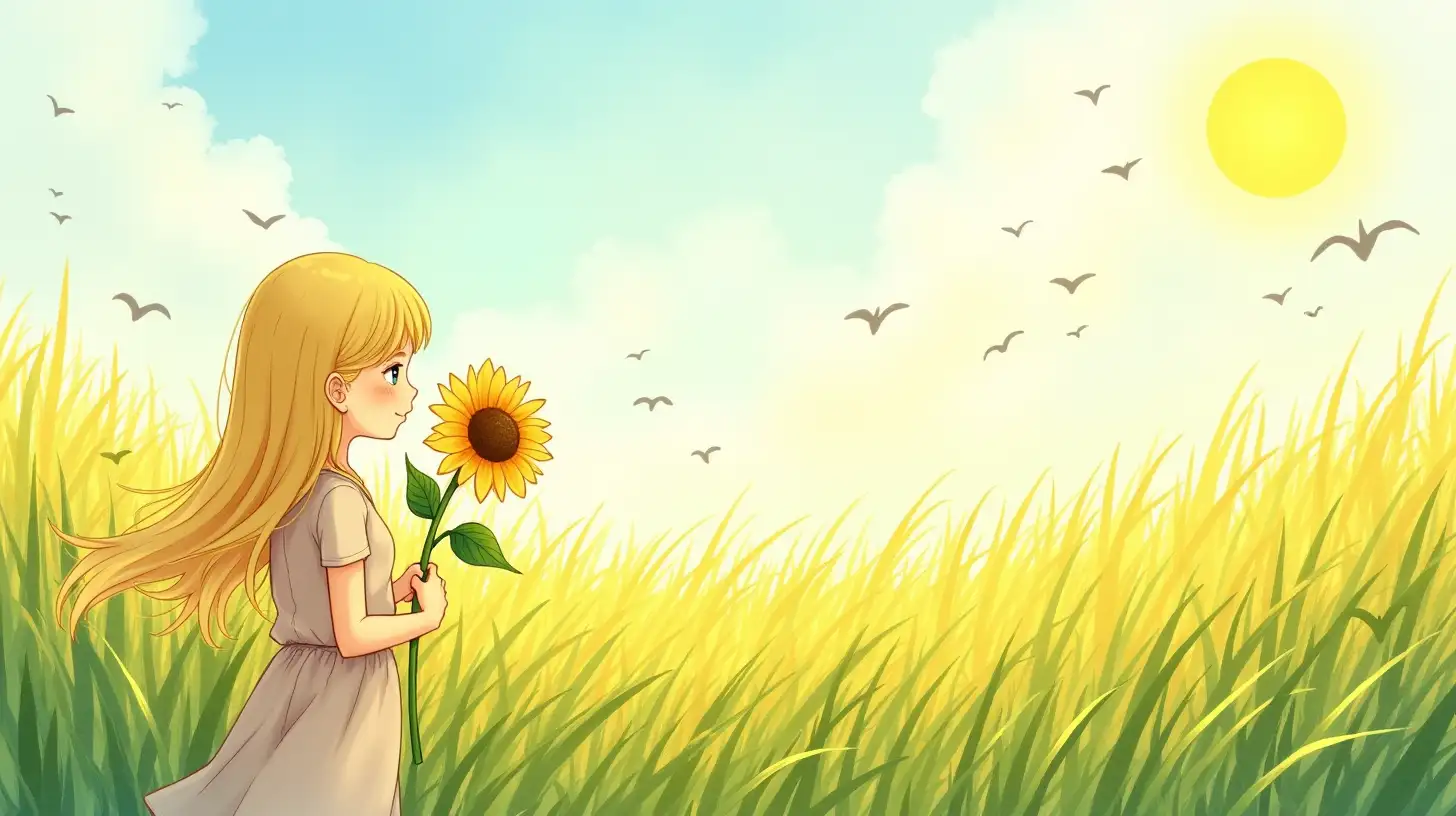 Whimsical Watercolor Illustration of a Girl with a Sunflower in a Field